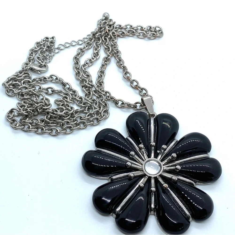 Long Silver and Black Floral Necklace Pendant